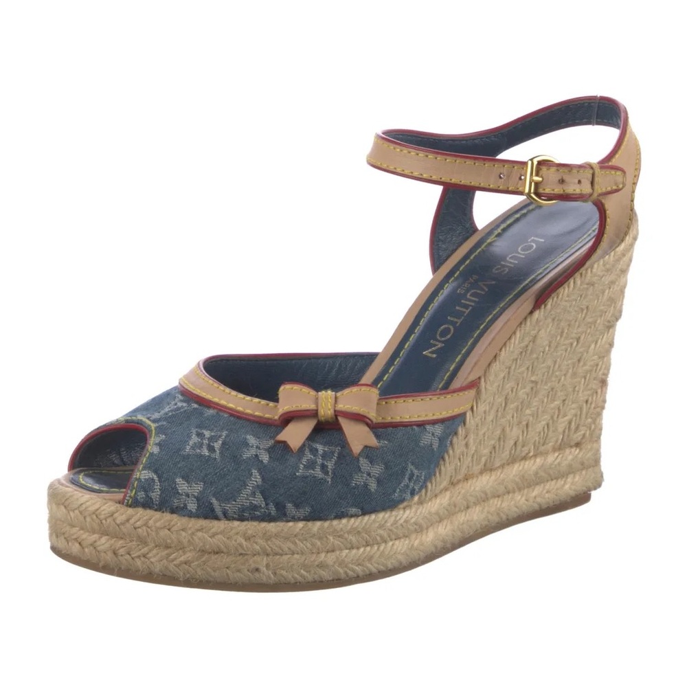 Louis Vuitton Denim and Tan Wedge Sandals